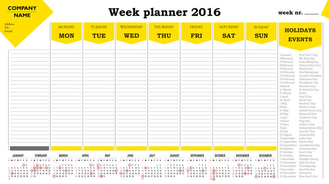 Week planner 2016 calendar for companies and private use. - holidays and events posted inside