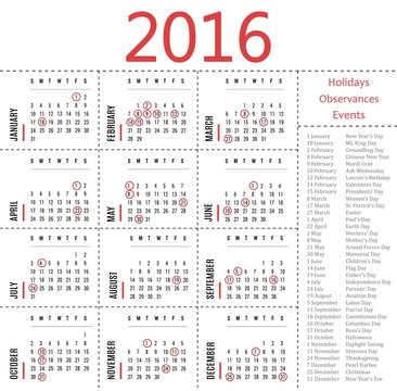 2016 calendar template with holidays, observances and events