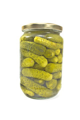 Pickled cucumbers in jar isolated on white