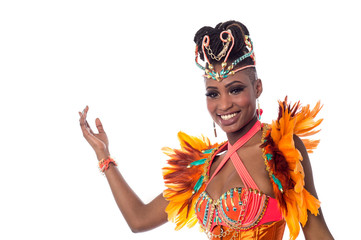Samba dancer posing with one hand in air