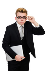 Young businessman with laptop isolated on white