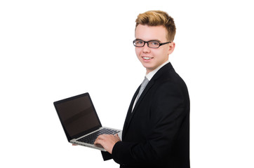 Young businessman with laptop isolated on white
