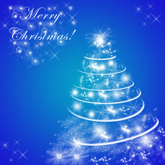 Blue and white Merry Christmas greeting card with Christmas tree, shiny stars and lights. - 92842484