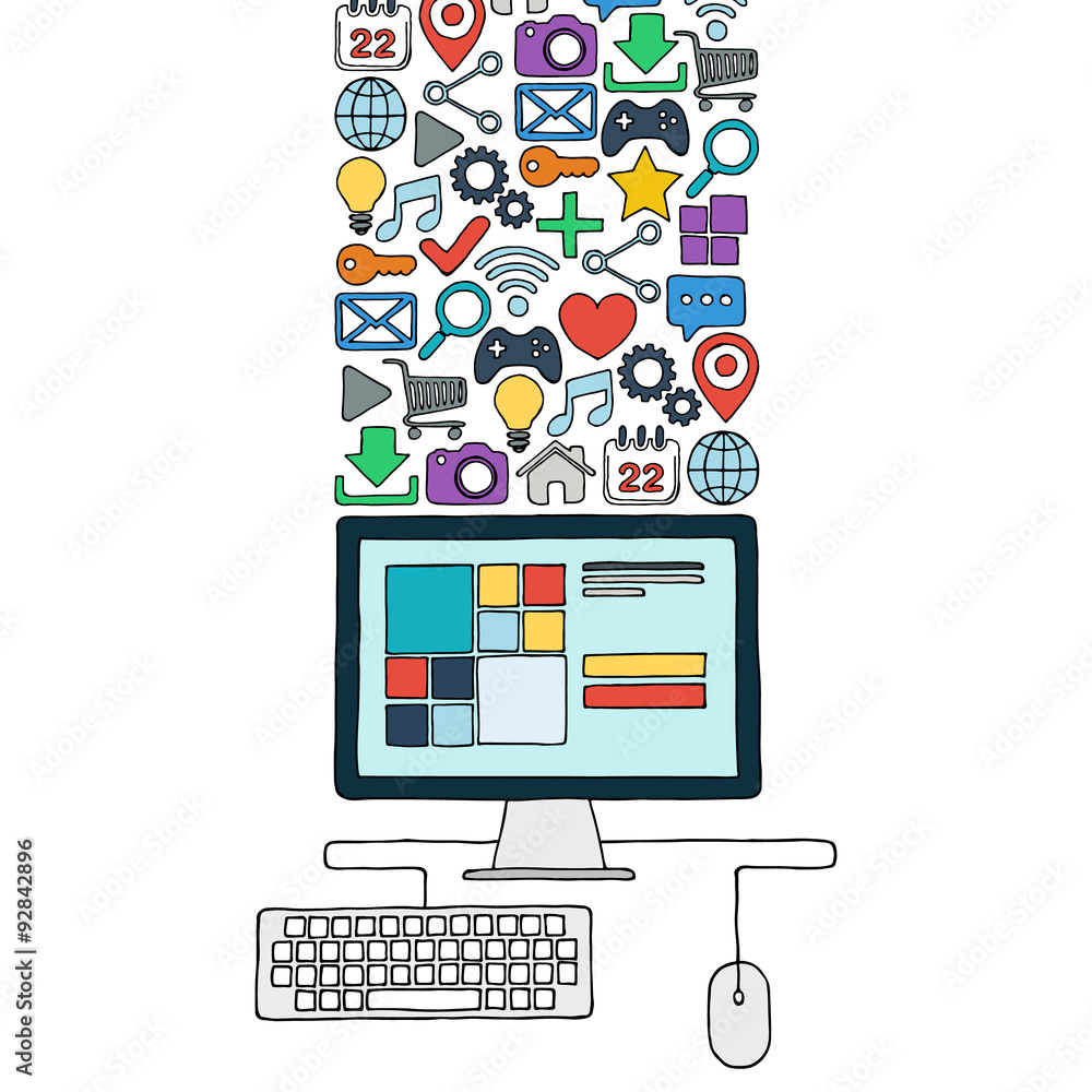Poster Hand drawn desktop computer with color web icons. Vector illustration.