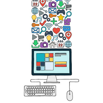 Hand drawn desktop computer with color web icons. Vector illustration.
