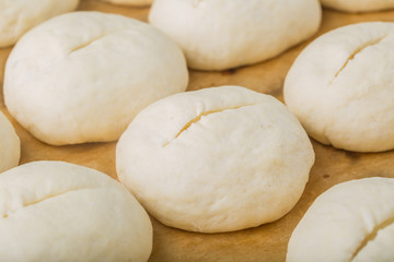 Full frame image of buns bread dough ready to bake