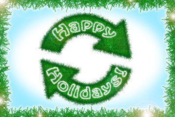 Tinsel style winter holidays greeting card with big recycling sign in green, blue and white.