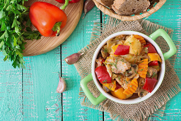 Stewed meat with vegetables. Top view
