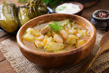 Soup with pickled cucumbers and beans in Ukrainian style