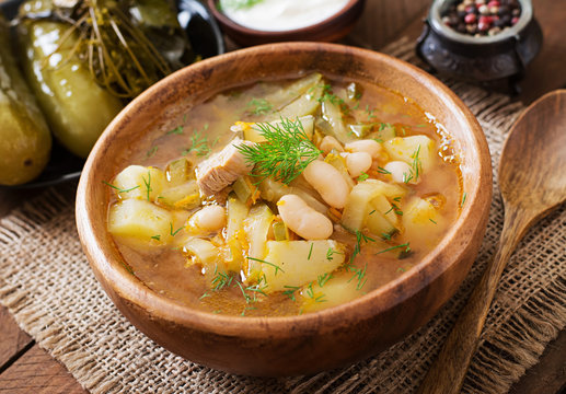 Soup with pickled cucumbers and beans in Ukrainian style