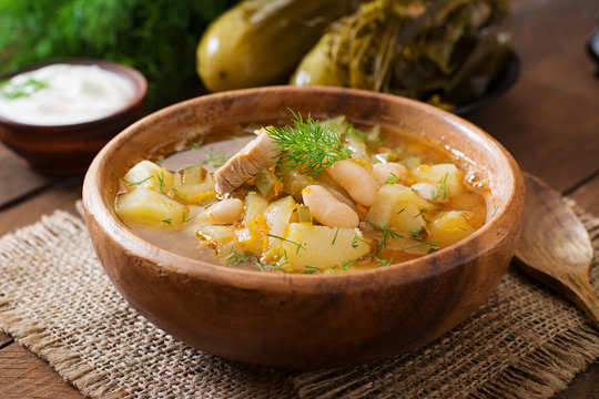 Soup with pickled cucumbers and beans in Ukrainian style