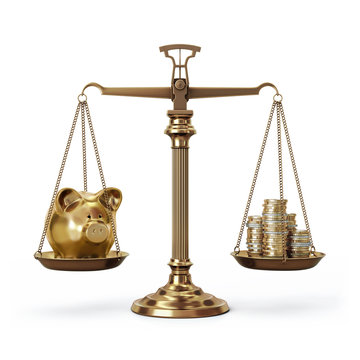 Brass scales with piggy bank and coins - balanced - front view