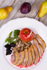 Roasted Duck Breasts with Mushroom, Apple and Plums Stuffing in Red Wine Sause