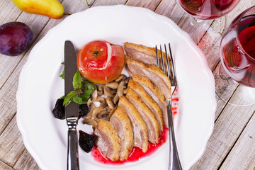 Roasted Duck Breasts with Mushroom, Apple and Plums Stuffing in Red Wine Sause