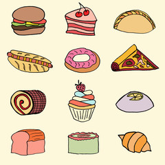 Hand drawn color fast food set
