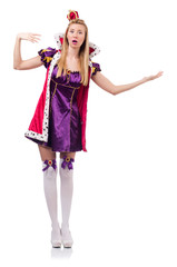 Cute girl in purple masquerade dress and crown isolated on white