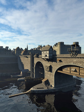 Illustration of an old European Medieval bridge with gatehouse and half-timbered buildings, leading across a quiet river to the old town and castle, 3d digitally rendered illustration