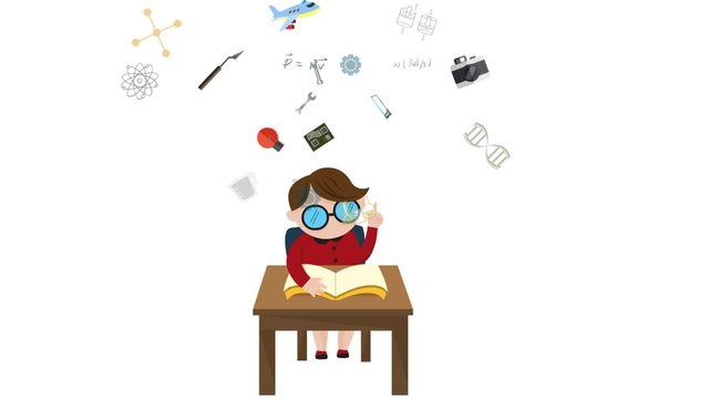 Cartoon animation boy student reading education book with science maths chemistry biology engineering physics and creative knowledge icon until graduation in isolated white background.