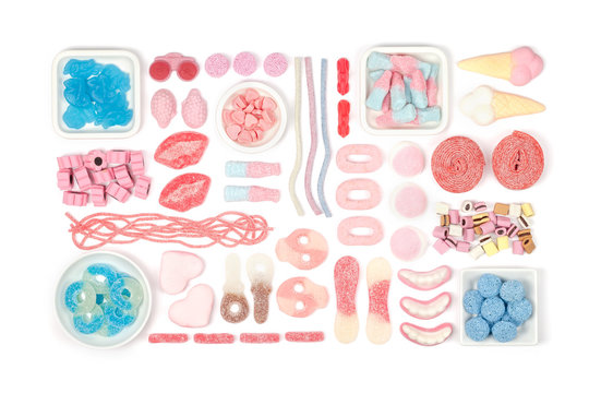 colourful jelly candies on white background 