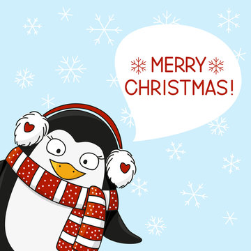 Christmas penguin on snow background