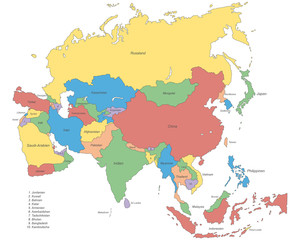 Fototapeta na wymiar Asien - politische Karte (beschriftet)