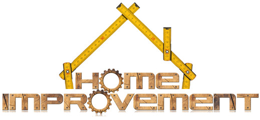 Home Improvement Symbol with Wooden Gears / Wooden symbol with text Home Improvement, wooden gears and wooden meter ruler in the shape of house. Isolated on white background - obrazy, fototapety, plakaty