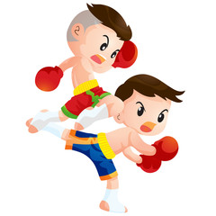 Cute Thai boxing kids fighting actions knee over strike and back kick