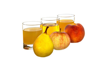 Pear, apple and peach in the background glasses with juice. The prospect. Close-up on a white background.