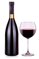 Elegant red wine glass and bottle isolated