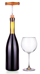Elegant red wine glass and bottle isolated