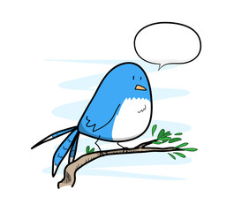 Bird With Text, a hand drawn vector illustration of a cute bird standing on a twig with a blank narration bubble, isolated on a simple light blue-colored background (editable).