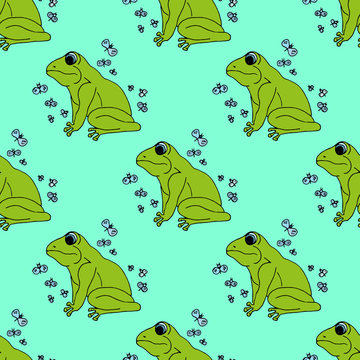 Illustration green frog with butterflies, background. Seamless pattern.