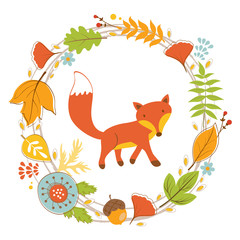 Little fox character in floral wreath 