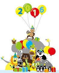 group of happy, wild animals with balloons / year 2016