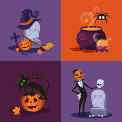 Cauldron, Pumpkin, Tomb and Cat Halloween Illustration Set