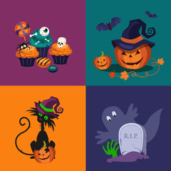 Pumpkin, Sweets and Cat Halloween Vector Illustrations Set