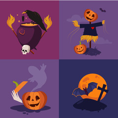 Halloween Pumpkin, Cauldron and Scarecrow Vector Illustration