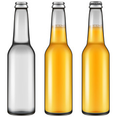 Realistic looking beer bottle illustration - empty, closed full and opened full versions. Vector illustration.