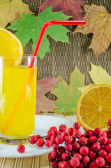 Orange juice and oranges on a background of autumn maple leaves