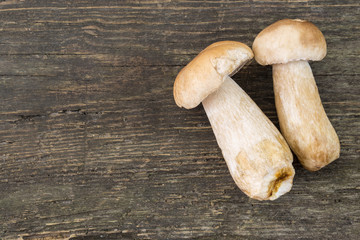 Boletus edulis on a rustic old wood background. Raw seasonal, fresh, taken from woods.