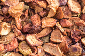 Sun dried apples closeup background. Authentic farm series.
