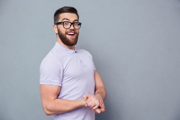 Fototapeta premium Portrait of a laughing casual man in glasses