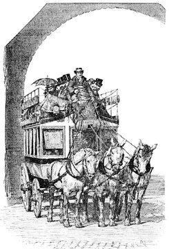 Omnibus with triple coupling, vintage engraving.