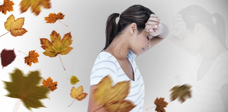 Composite image of side view of depressed woman
