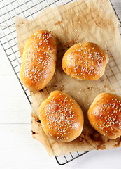 Four Tasty Burger Buns on Wire Rack