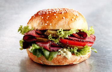 Delicious sesame bun with roast beef or pastrami