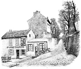 Montmartre, Rue Saint-Vincent, vintage engraving.