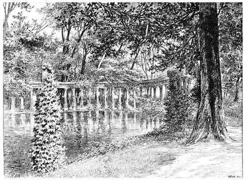 Parc Monceau, The Naumachie, vintage engraving.