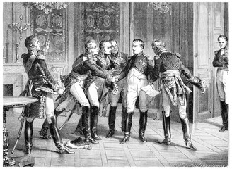Abdication of napoleon, vintage engraving. - obrazy, fototapety, plakaty