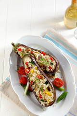 Delicious Aerial view of stuffed aubergine with quinoa